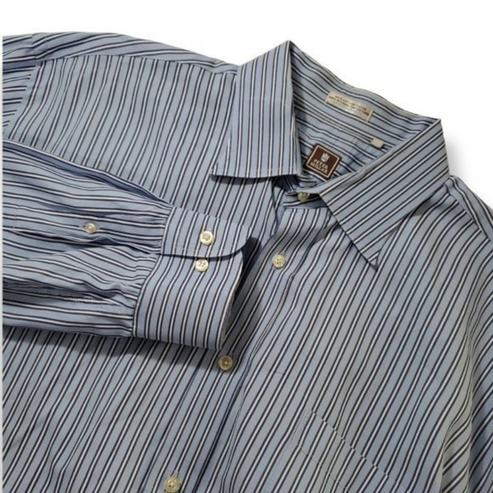 Peter Millar 100% Cotton Men's 17.5 / L‎ Long Sleeve Blue & White Striped Shirt